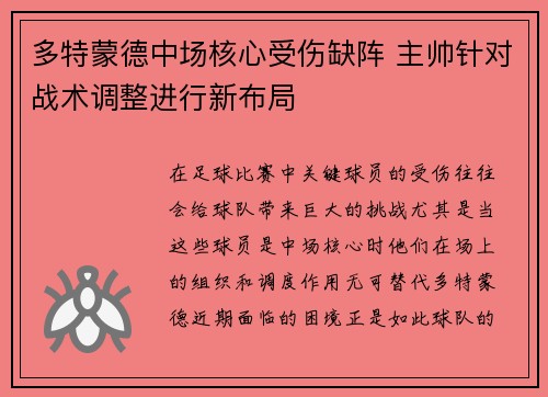 多特蒙德中场核心受伤缺阵 主帅针对战术调整进行新布局