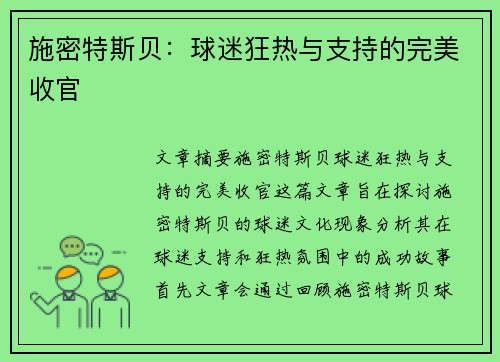 施密特斯贝：球迷狂热与支持的完美收官