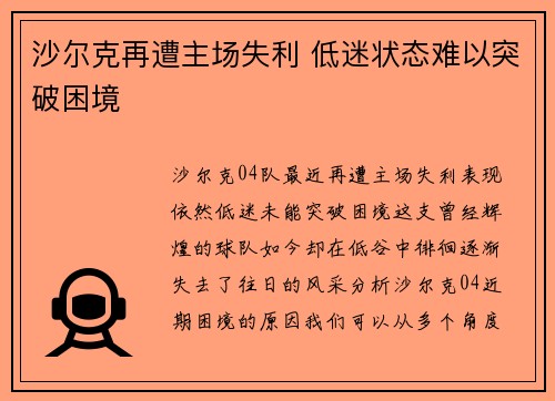 沙尔克再遭主场失利 低迷状态难以突破困境