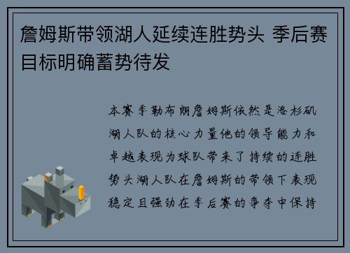 詹姆斯带领湖人延续连胜势头 季后赛目标明确蓄势待发