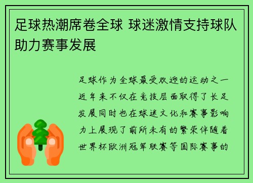 足球热潮席卷全球 球迷激情支持球队助力赛事发展