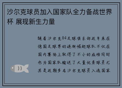 沙尔克球员加入国家队全力备战世界杯 展现新生力量